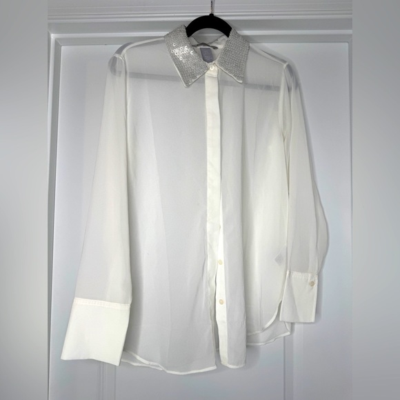 H&M Sequin-collared sheer button down blouse shirt - Picture 1 of 6